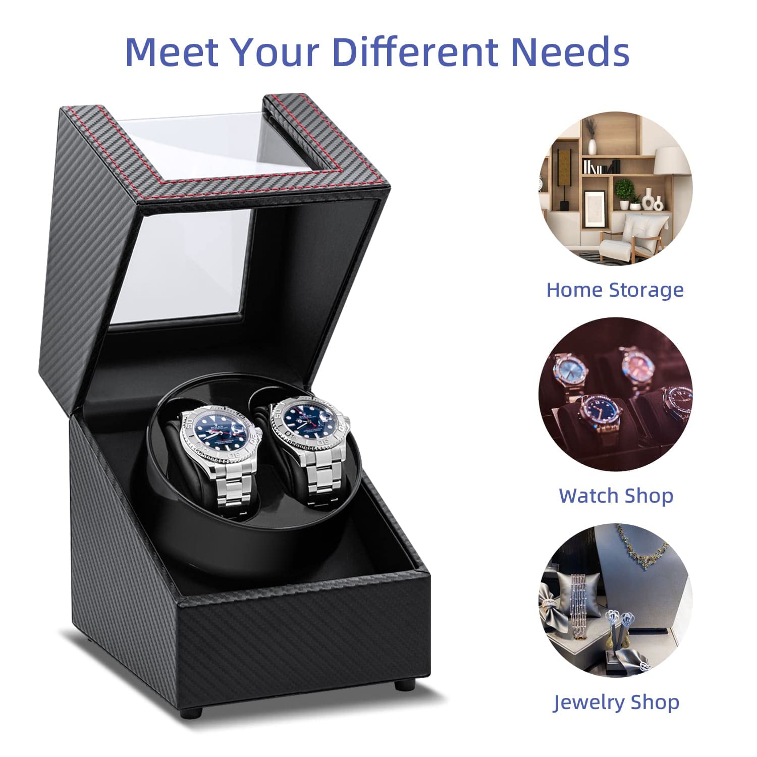 Mcbazel Watch Winder for Automatic Watches, Double Automatic Watch Winder Box with Quiet Japan-made Motor, 2 Slots Watch Display Storage Rotation Wrist watch Box (Black Carbon Fiber Leather)