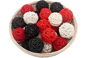ALLHEARTDESIRES 15 PCS Red Black White Decorative Wicker Rattan Balls for Vase Bowl Filler, Red Living Room Bathroom Decor, Christmas Tree Ornaments Home Patio Garden Hanging Decor