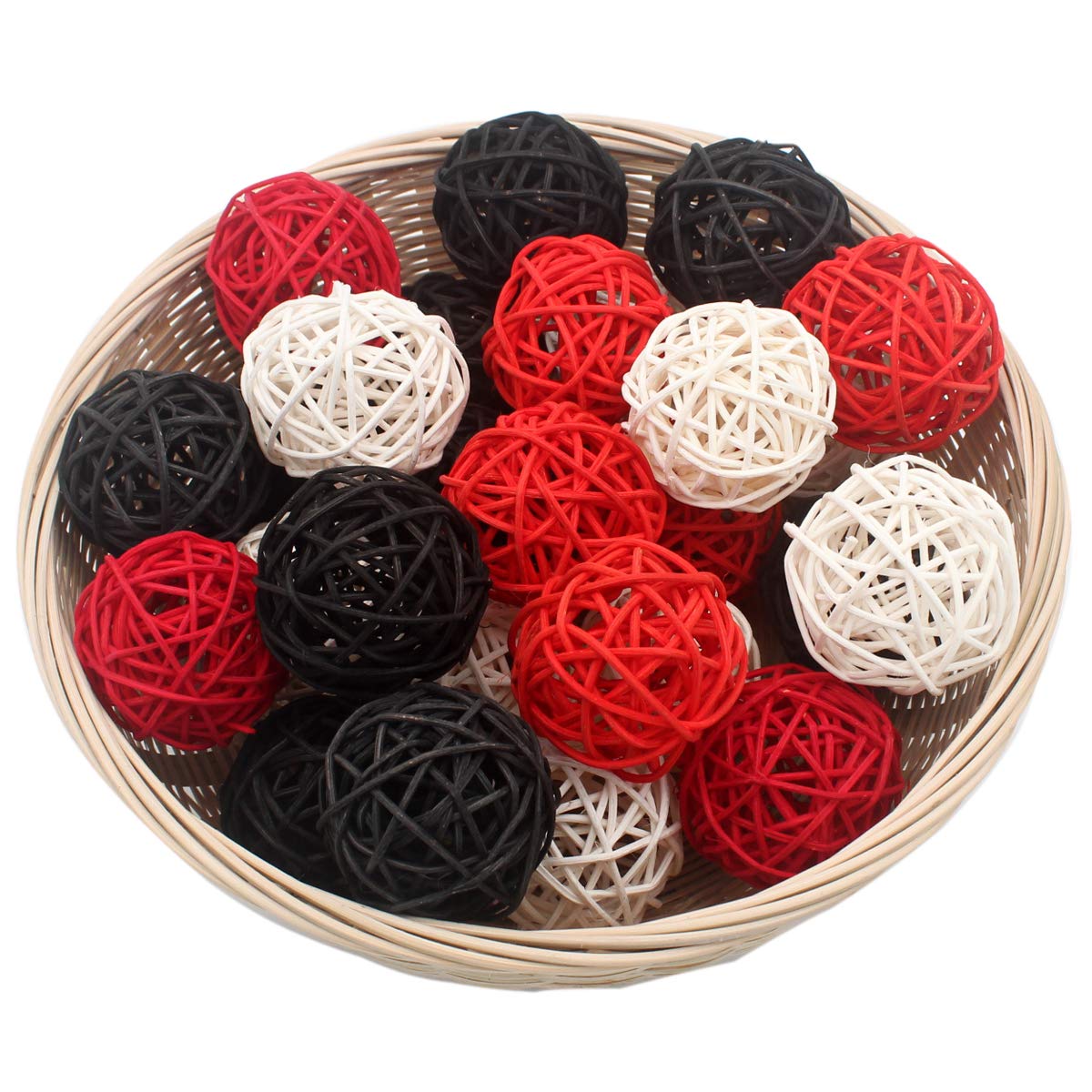 ALLHEARTDESIRES 15 PCS Red Black White Decorative Wicker Rattan Balls for Vase Bowl Filler, Red Living Room Bathroom Decor, Christmas Tree Ornaments Home Patio Garden Hanging Decor