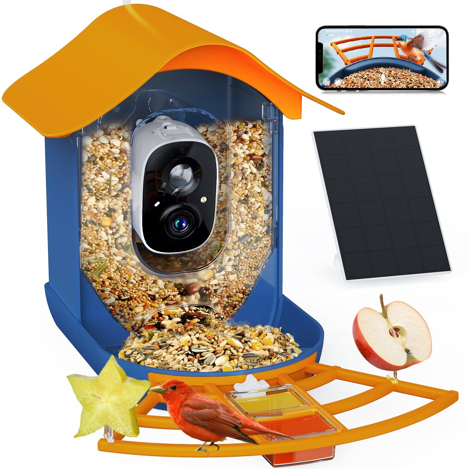 Photo 1 of PeckCam® Smart Bird Feeder with Camera 2K HD Auto Detect & Notify, AI Identify 10000+ Birds Camera with Solar Panel 5 Perch Attachments Wireless Outdoor Birdwatching Gift for Birds Lover, Orange
