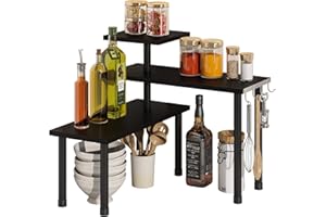 BMOSU Kitchen Corner Shelf Countertop Organizer with Hooks Adjustable Spice Rack Corner Display Rack Shelf Cabinet Corner Rack 3 Tier Storage Organization for Kitchen Bathroom Counter Shelves(Black)