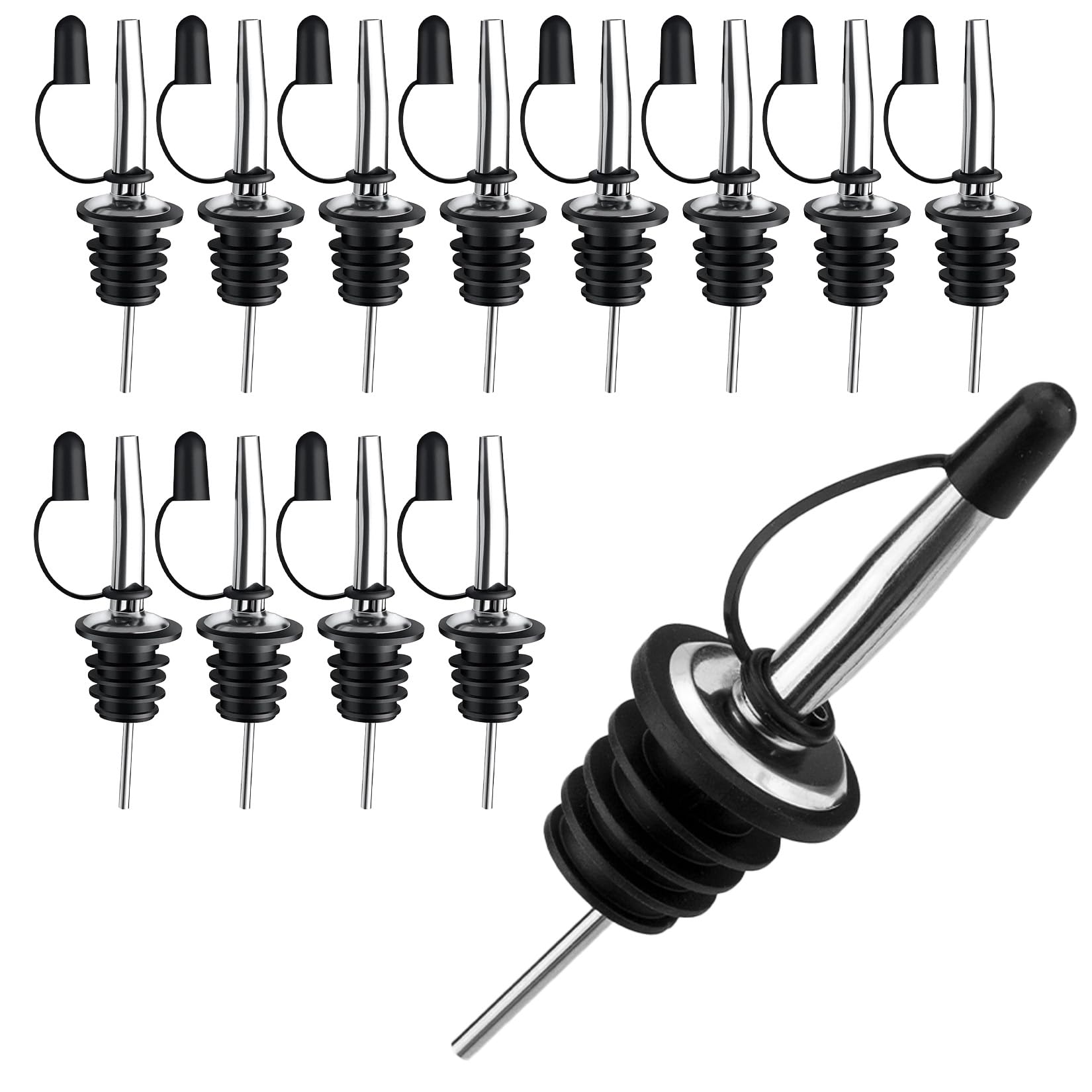 Ewwtrey 12pcs Bottle Pourers for Spirits, Speed Pourers Liquor Pourerss, Stainless Steel Freeflow Spirit Pourer, Liquor Tapered Spout for Home Bar Olive Oil Bottles Stopper
