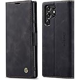 SINIANL Galaxy S22 Ultra 5G Cellular Phone Case, Leather Wallet Case with Card Holder, Magnetic Kickstand, Full Protection - Black