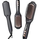 LANDOT Hair Straightener Brush for Thick Curly Hair - Ionic Ceramic Straightening Brush 12 Temp Settings 250-450°F Fit All Hair Types, Dual Voltage, Fast Heating for Frizz-Free & Smooth Results, Black