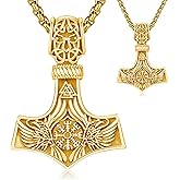 Thanches 18K Glod Plated Viking Thor's Hammer Talisman Necklace for Men, S925 Sterling Silver Vintage Norse Mjolnir Amulet Pendant Jewelry Gifts with Sturdy Box Chain
