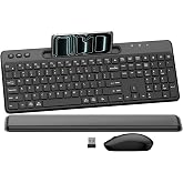 Wireless Keyboard and Mouse Combo, Full Size Ergonomic Silent Keys(Black) | 2.4G Ergonomic Keyboard with Wrist Rest, Phone Holder, 3-Level DPI Optical Wireless Quiet Mouse, for Windows/Mac OS/Laptop/PC