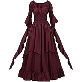 JerrisApparel Women Renaissance Vintage Dress Ruffle Sleeve Maxi Gown Smocked Waist Medieval Cosplay Costume
