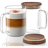 DRASTAR Glass Coffee Cups, 20 oz Large Coffee Mugs, Flat Bottomed Cups with Acacia Wood Lid, Glass Tea Cup with Handle, ClearTea Cup Set of 2