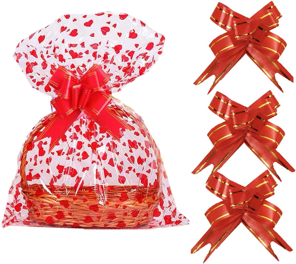 Fantasyon 10 Pack Cellophane Basket Bags, 40 x 30 Inch Large Clear Plastic Wrap Bags With Pull Bows for Hampers Gifts, Baskets Wrapping