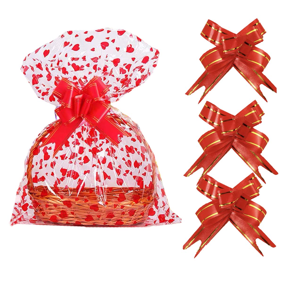 Fantasyon 10 Pack Cellophane Basket Bags, 40 x 30 Inch Large Clear Plastic Wrap Bags With Pull Bows for Hampers, Gifts, Baskets Wrapping