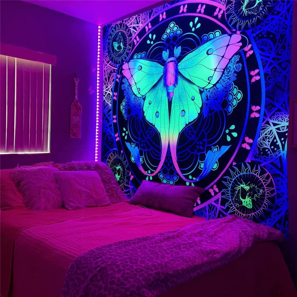 Tapestries - Purple Wall Hanging Butterfly Blacklight Tapestry Abstract Trippy Tapestry Moon Tapestry For Bedroom Aesthetic Wall Blanket Backdrop (51