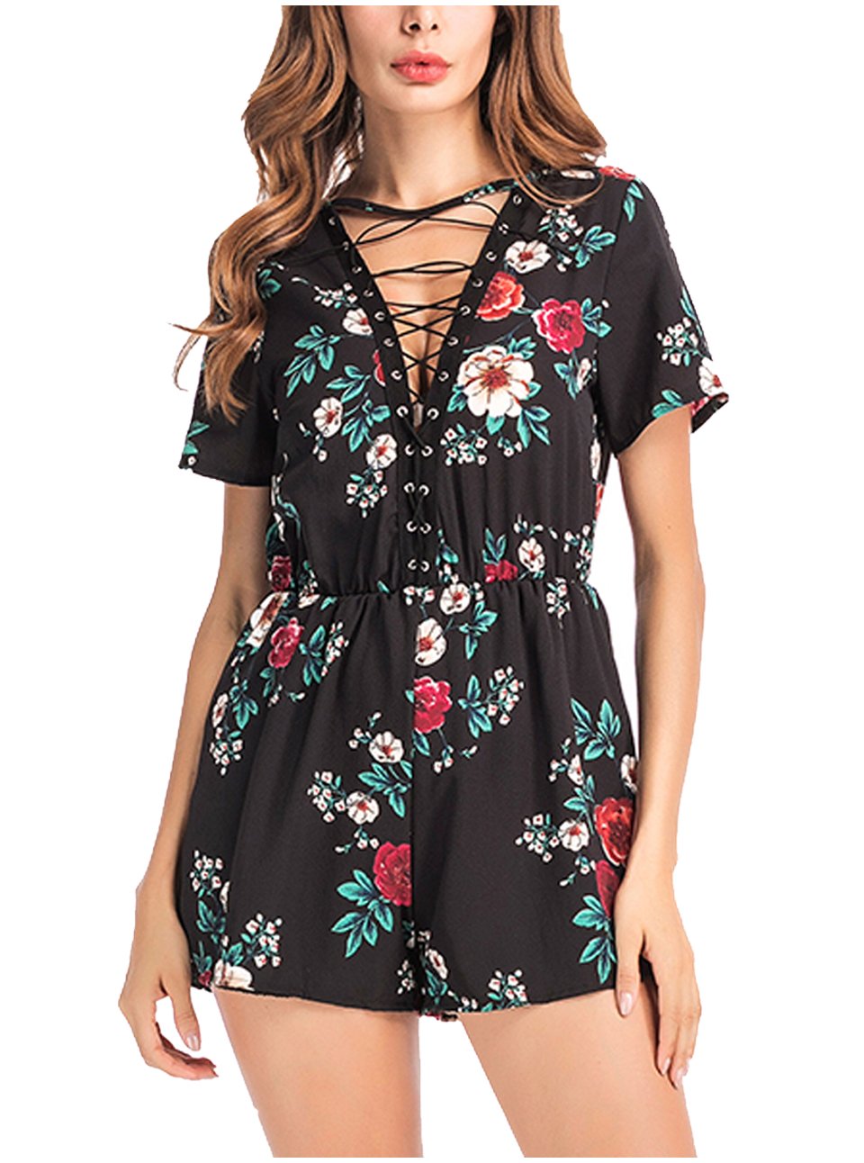 Ayliss Womens Short Sleeve Plunge V Neck Floral Lace-Up Loose Romper Playsuit,Black L