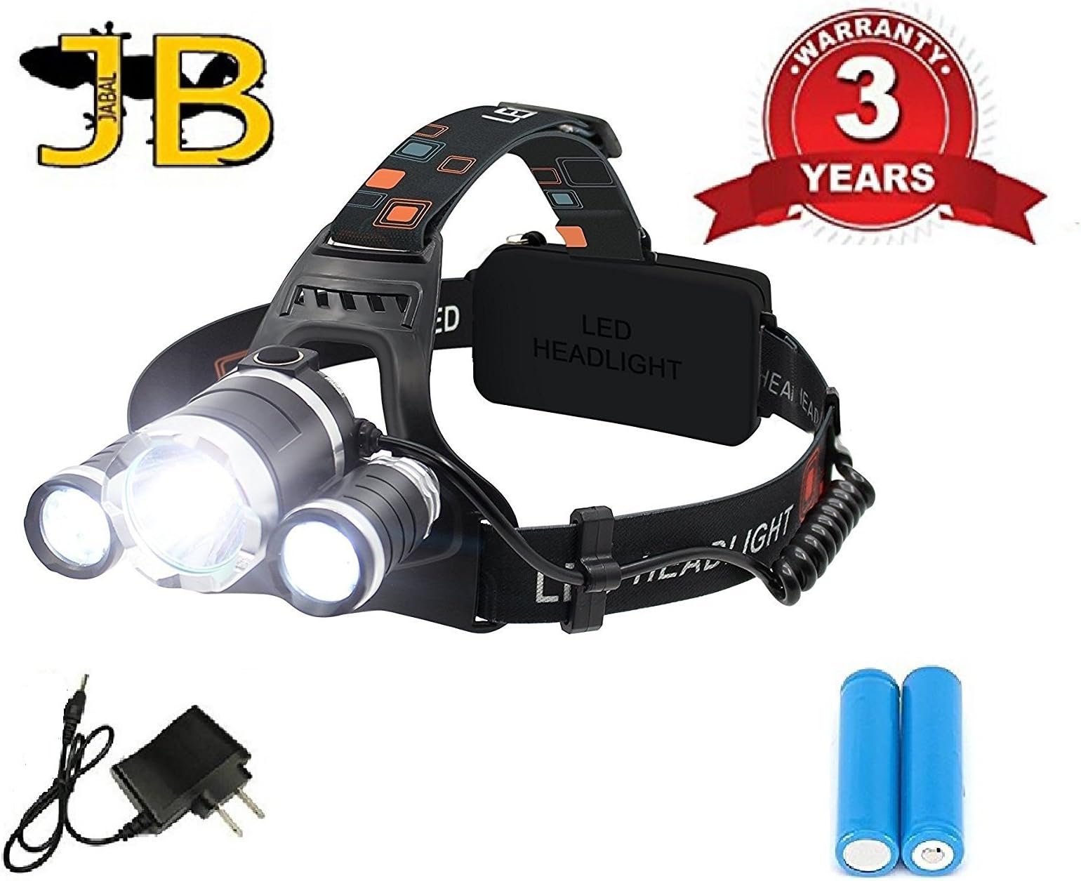 JABAL Rechargeable Bright Tactical 5000 Lumen High Home Outdoor LED Headlamp Headlight Flashlight. 4 Modes w/ 3 Cree T6 LED, Waterproof Rechargeable 18650 Battery. Great for Hiking, Camping, Hunting.