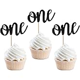 24 Pack First Birthday Cupcake Toppers Glitter One Cupcake Picks Baby Shower 1st Birthday Cake Decorations Party Supplies Black