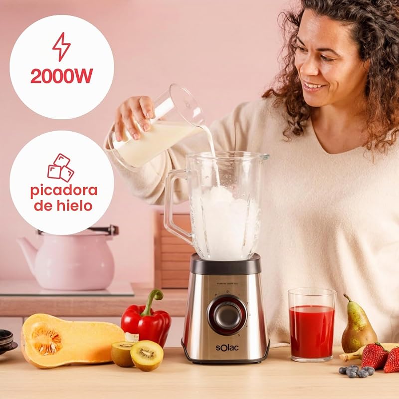 - Batidora de vaso Promixter 2000 W | Jarra de vidrio de 1.5L | 5 velocidades + PULSE| 6 Cuchillas de Acero | Rompehielos