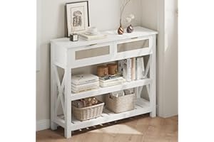OtterOasis Console Table with 2 Rattan Drawers, Entryway Table with 3-Tier Storage Shelves, Narrow Long Sofa Table for Entryway, Hallway, Foyer and Living Room, White