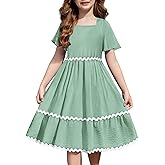 Arshiner Girls Summer Dress Flutter RIC Rac Tiered Short Sleeve Square Neck Casual Midi Dresses with Pockets