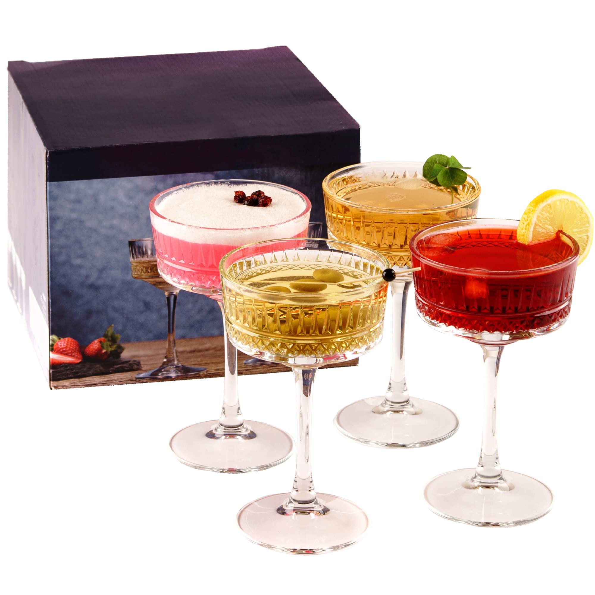 GOSOYO Vintage Coupe Glasses Set of 4, Champagne, Cocktail, Martini, Wine Glasses, Long Stem Glassware (8.8oz/260ml) (4 Pcs)