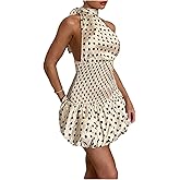 MakeMeChic Women's Polka Dots Bubble Mini Dress Shirred Halter Sleeveless A Line Y2k Dresses