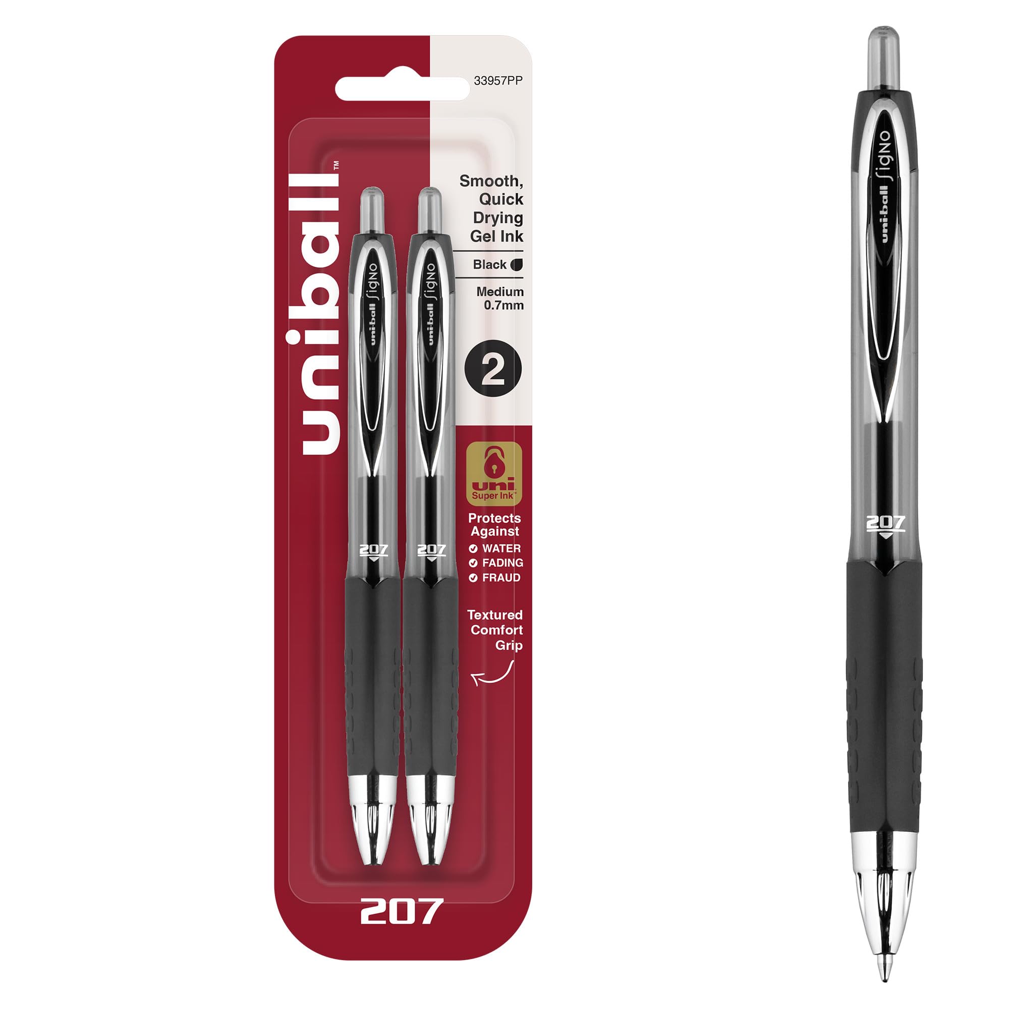 uni-ball 207 Retractable Gel Pens, Medium Point (0.7mm), Black, 2 Count