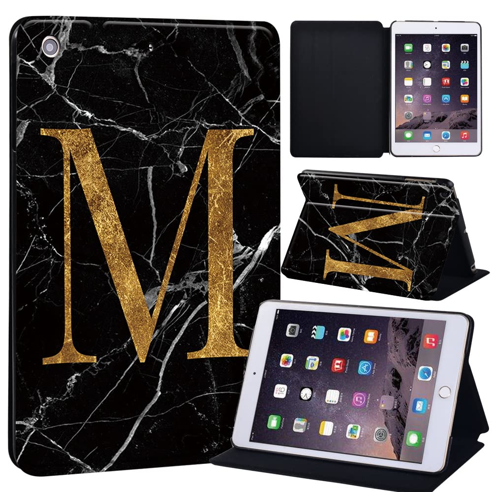 initial letter Printed Case for iPad Mini 1/2/3, Lightweight Trifold Stand Case with Auto Sleep/Wake, Microfiber Lining, Hard Back Cover for iPad Mini 1/Mini 2/Mini 3 (letter M on black marble)