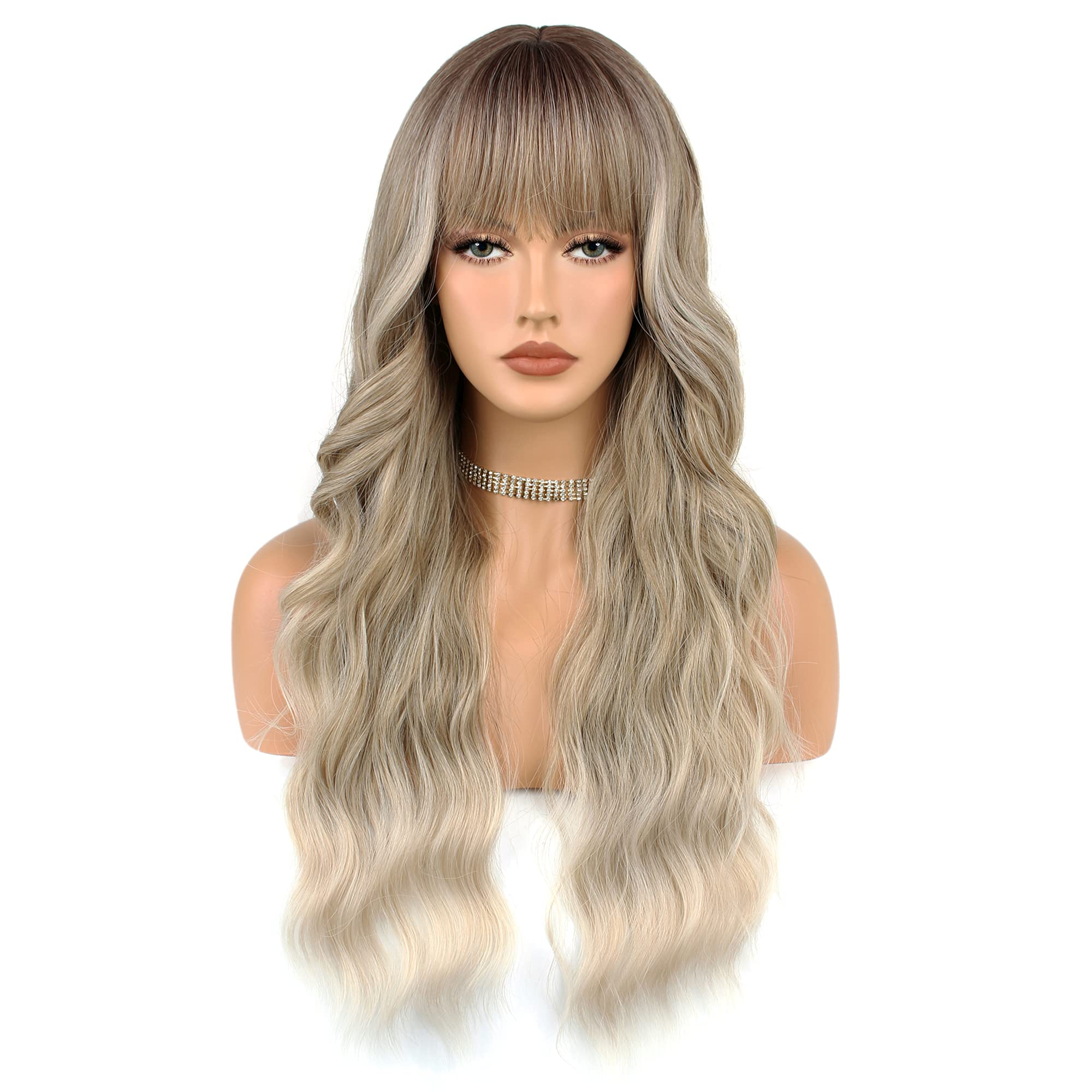 FAELBATY Long Curly Wig - Blonde to Brown Ombre with Bangs - Natural Looking Synthetic Wig for Women & Girls - 25" RT8/18G/60D# — image 1