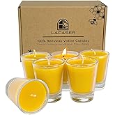 Pure Beeswax Votive Candles in Glass Cup, 6 Pack Bulk Bees Wax Candles for Home, Natural Honey Scent, Bee Themed Gifts for Bee Lovers, Burning Time 12 Hours, Natural Yellow