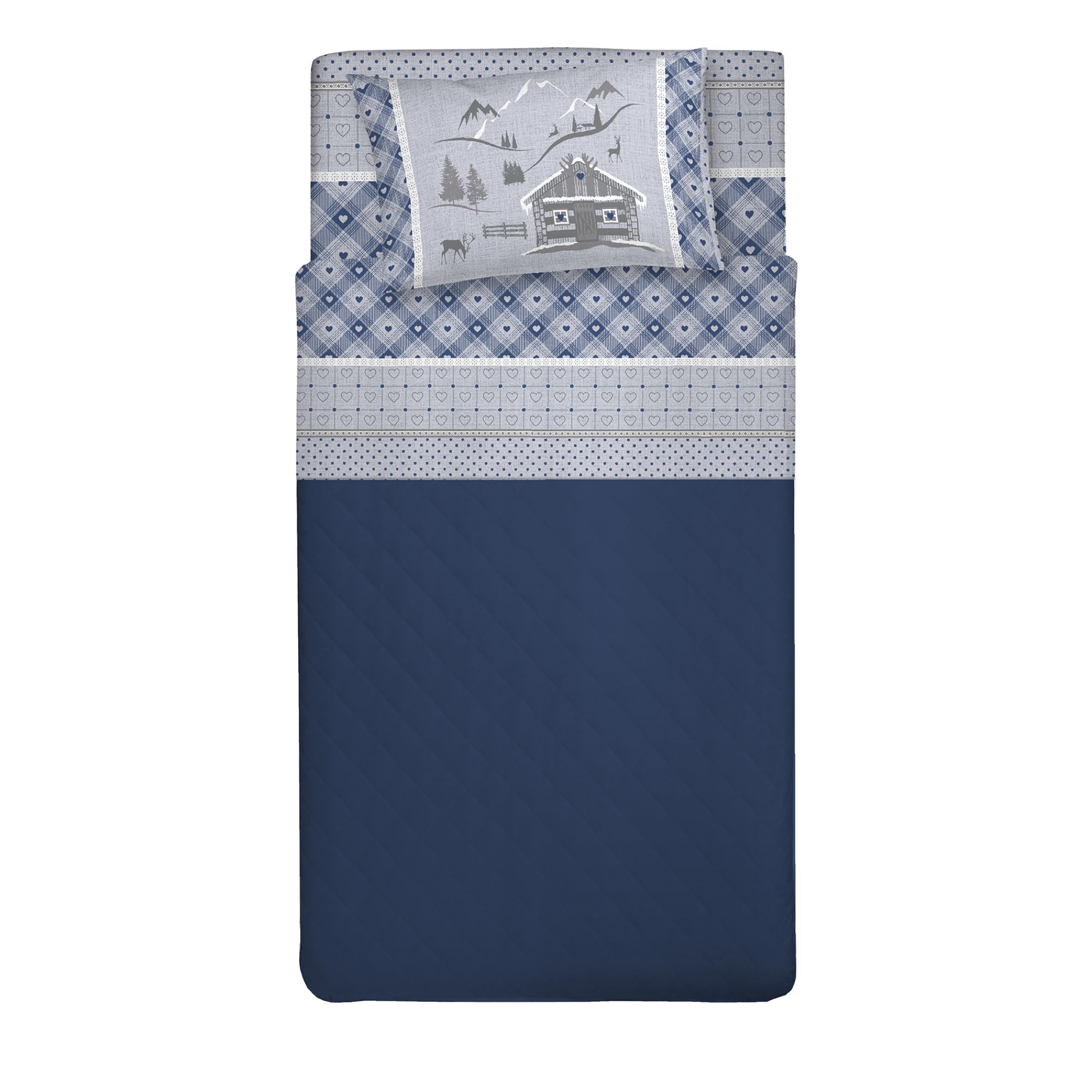 PENSIERI DELICATI 100% Cotton Double Bed Set, 120 x 200 cm, Includes Bottom Sheet, Top and 1 Pillowcase, Made in Italy, Blue Chalet Design