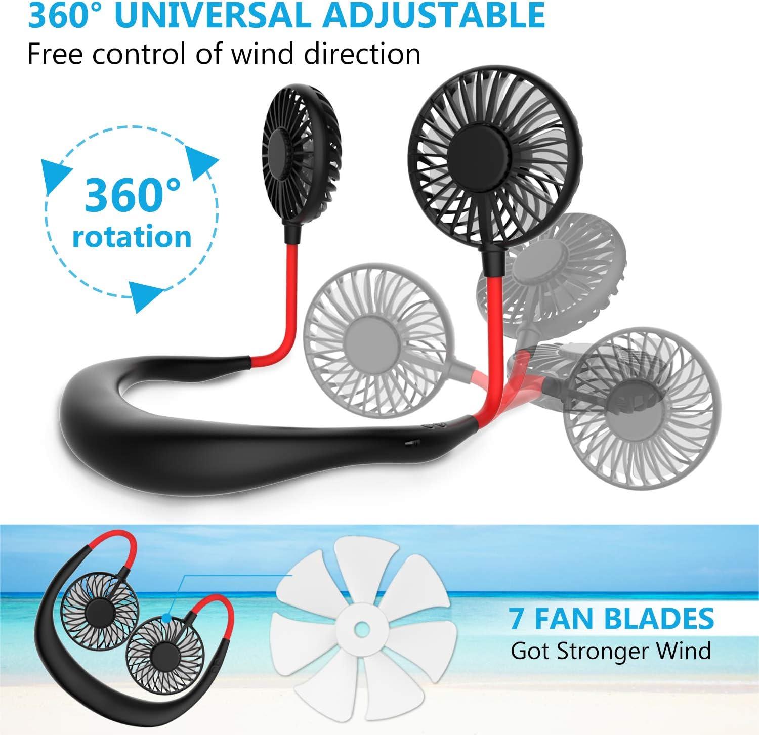 Mini Neck Fan Portable Hands Free USB Rechargeable Desk Fan Collar Fan with Double Wind Head 3 Speed LED Light for Travel Sport Outdoor - Image 5