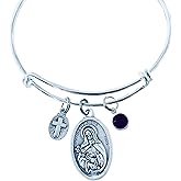 Saint Catherine of Siena Bracelet – Italian “Caterina da Siena” Medal with Cross and Birthstone Charm – Adjustable Silver Tone Religious Bangle