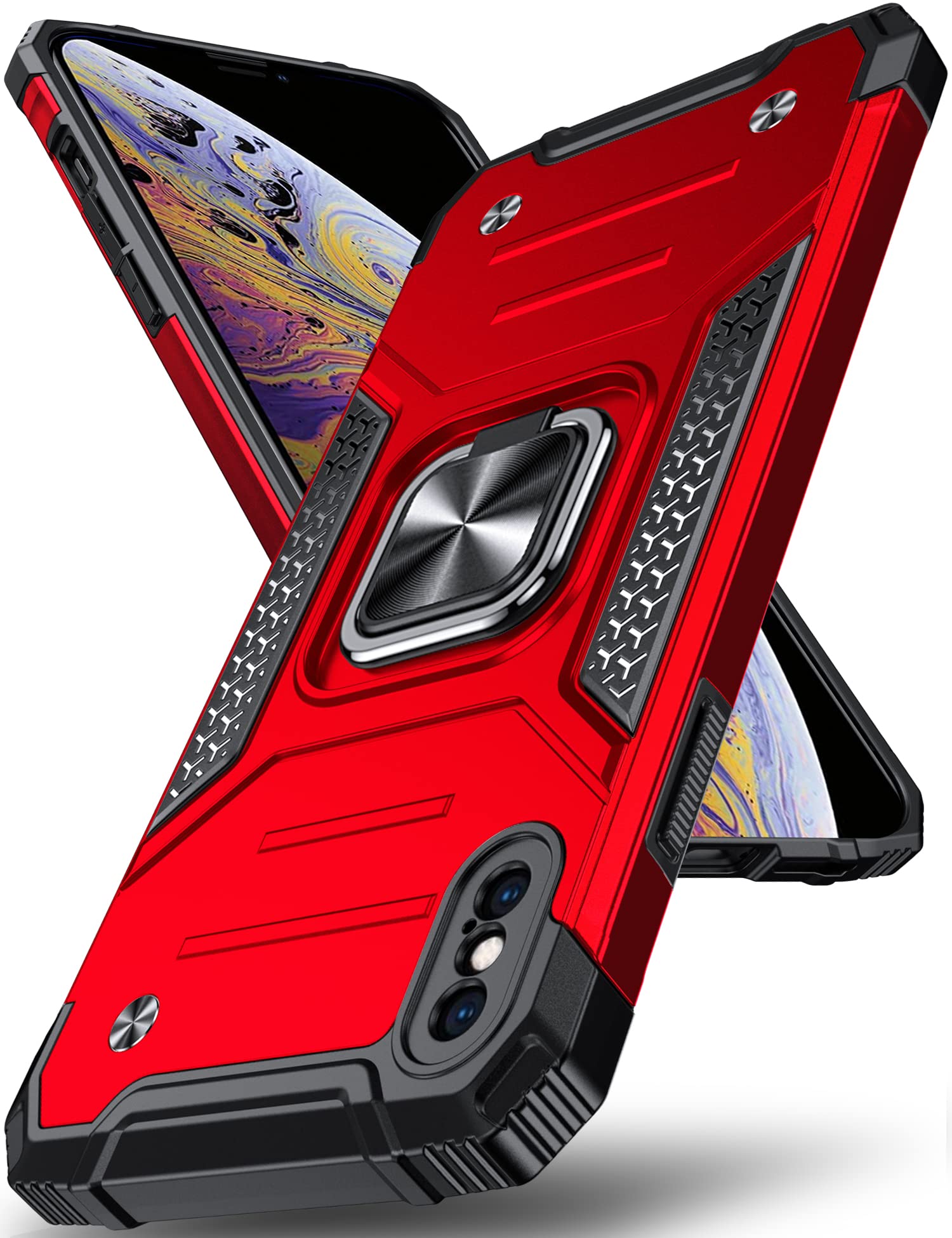 DASFOND Designed for iPhone X/XS Case, Military Grade Protective Phone Case with Enhanced Metal Ring Kickstand [Support Magnet Mount] for iPhone X/XS 5.8 inch, Red
