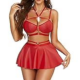 RSLOVE Faux Leather Lingerie for Women - Sexy Strappy Lingerie Set with Push Up Bra Choker Mini Skirt and Thong