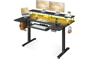 OffiGo U Shaped Electric Standing Desk with Keyboard Tray, 55 Inch Height Adjustable Desk with Power Outlets & LED Lights, Sit Stand Table with Monitor Stand for Home, Office, Black
