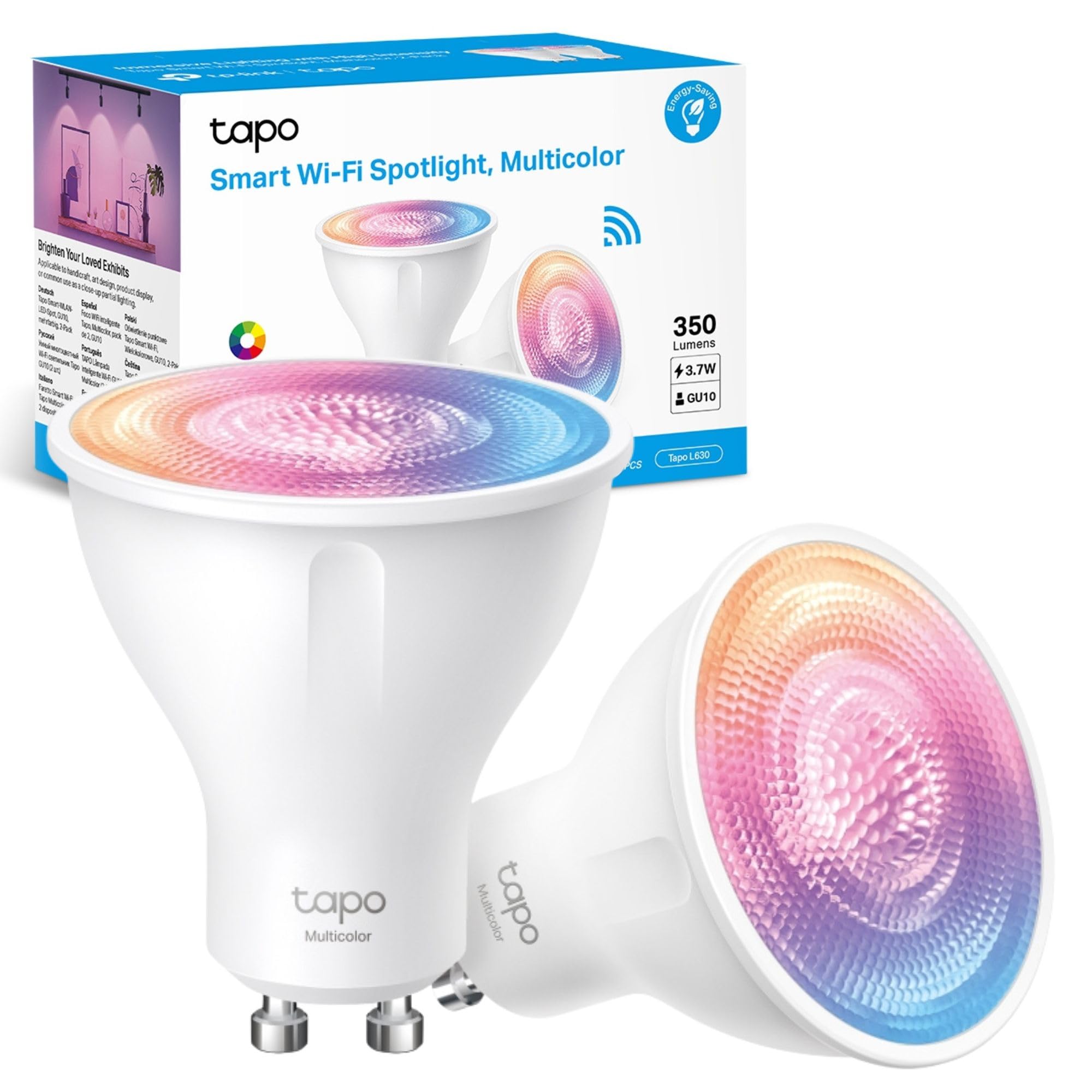 Tapo L630 (2-Pack) Smart Bulb, Alexa Light Bulb, Smart Light Bulb Spotlight, GU10 Lamp Base, 16 Million Colours, White Tunable, High Lumen & Dimmable, Remote Control, Voice Control with Alexa & Google