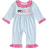 Sasaerucure Newborn Baby Girl Fall Outfit Farm Clothes Tractor Cow Embroidery Ruffle Long Sleeve Romper One Piece Jumpsuit