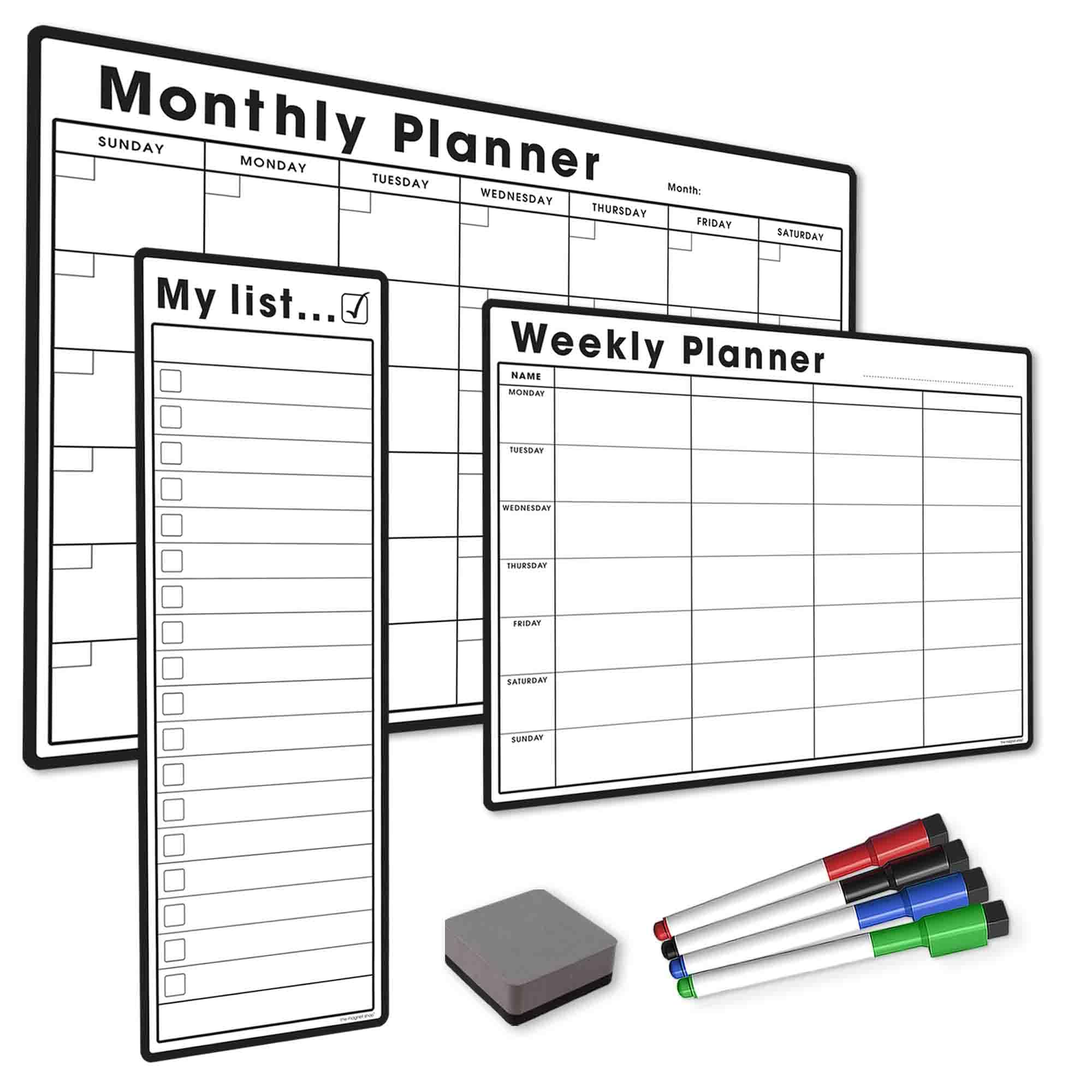 TMS Weekly Planner Bundle #1 | Magnetic Whiteboard Planner Dry Erase Set, 5 Pack | A4 Weekly Planner, S3 My List, A3 Monthly Calendar | 4 Dry Wipe Marker Pens, Eraser (White, Bundle 1)