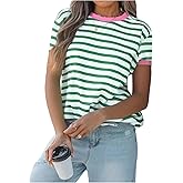 MakeMeChic Women's Striped Tee Crew Neck Contrast Binding Short Sleeve Going Out T Shirt Tops