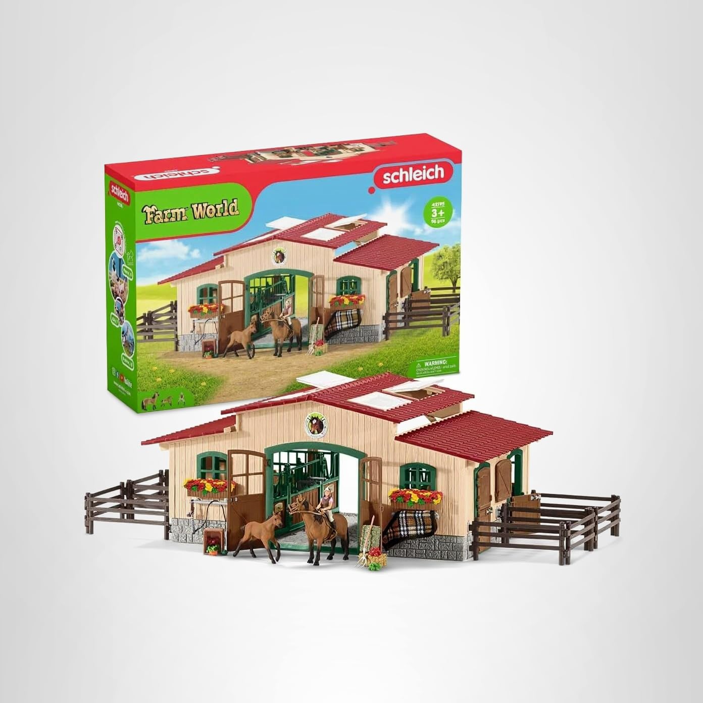 Schleich Farm World - 96PC Riding Center with 2 Horse Figurines, Rider Figure, and Accessories - Screen Free, Realistic Farm Animal Toys for Girls and Boys - Kids 3+ | 42195