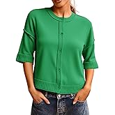 Saodimallsu Womens 3/4 Sleeve Cardigan Sweaters Button Down Crewneck Knit Cropped Tops Casual Fall Outerwear
