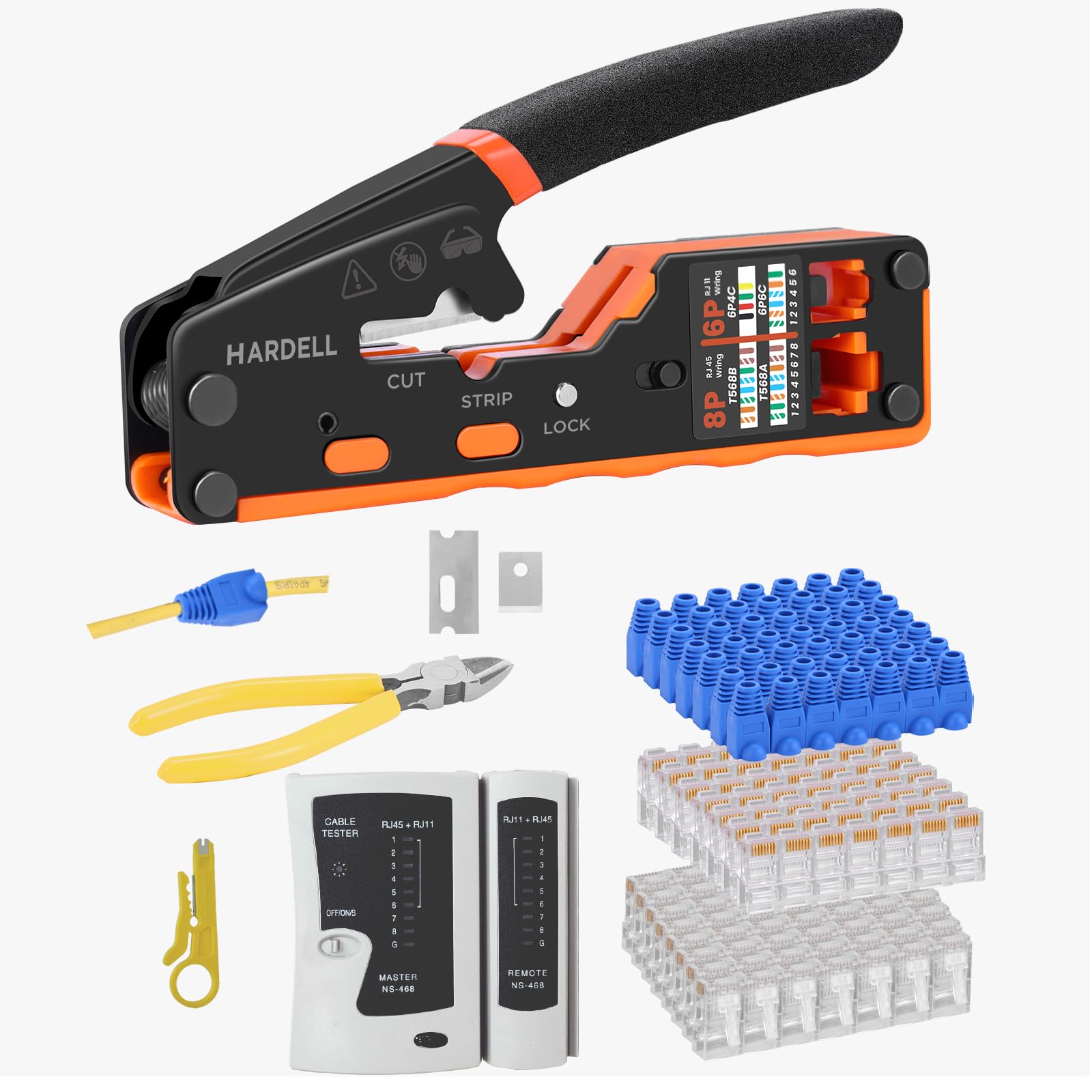 Photo 1 of HARDELL RJ45 Crimp Tool, Pass Thru RJ11 Ethernet Crimper for Cat5 Cat6 Connectors, All-in-One 6P 8P Ethernet Crimping Tool Kit With Wiring Diagram, Replacement Blades, Cable Sheath, Tester & Battery