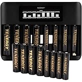 Tenergy TN480U 8-Bay LCD Display Fast Charger with 8 Pack AA and 8 Pack AAA Premium Pro Rechargeable Batteries