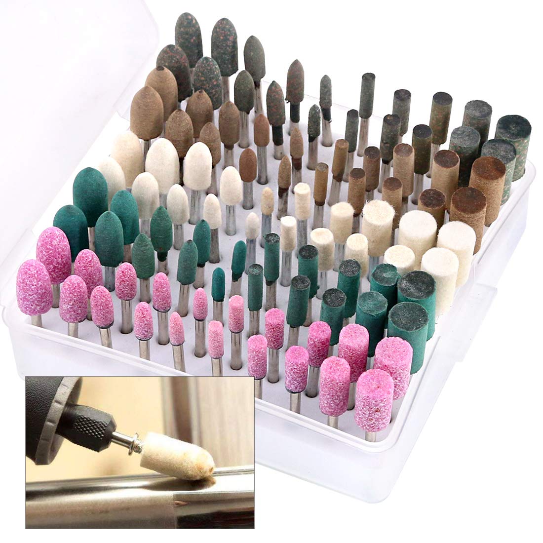 Keadic 100Pcs Rotary Grinding Stone Bits Set - Felt Polishing Buffing Wheel for Dremel Rotary Tool, Shank Abrasive Mounted Stone Grinding Bits Set for Polishing