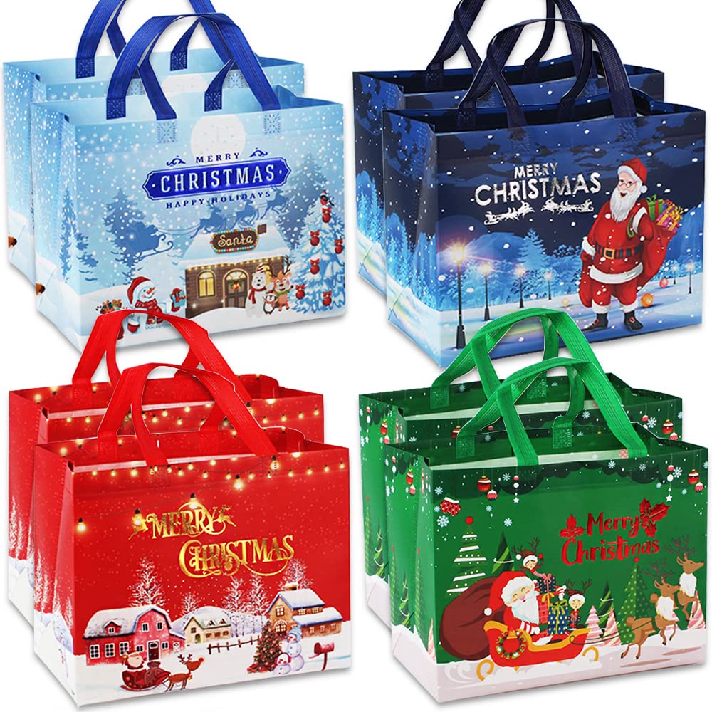 Volsha 8 Pack Christmas Tote Bags, Reusable Grocery Tote Bags with Handle, Gift Present Bags for Holiday Xmas Event Party