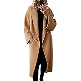 Hooever Women's Winter Double Breasted Wool Coat Drop Shoulder Long Sleeve Notch Lapel Long Trench Coat