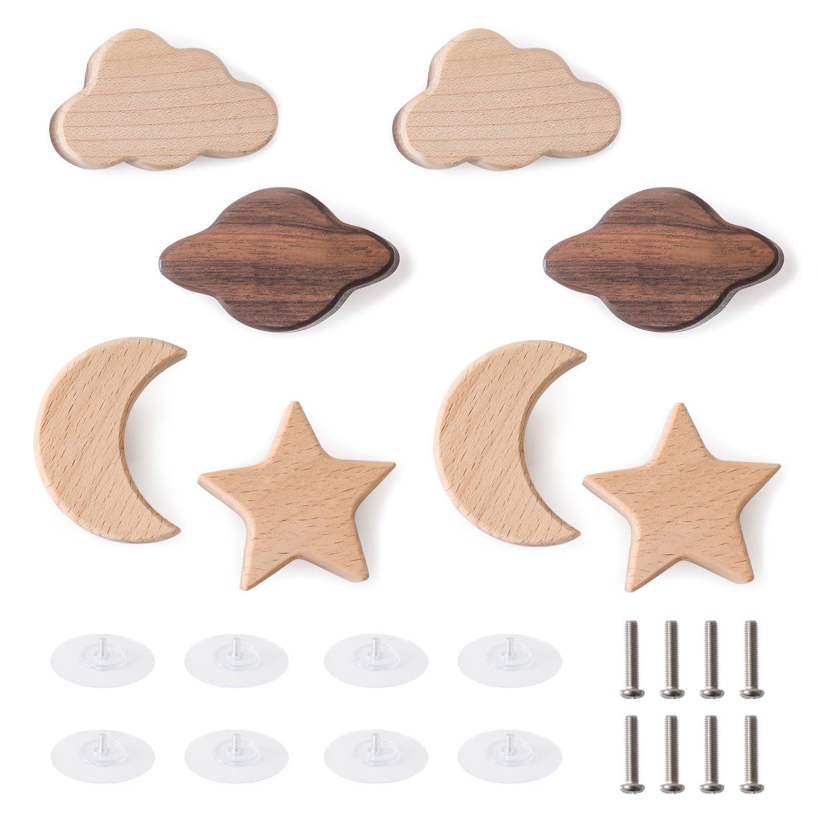 Photo 1 of Wooden Star Moon Shape Cabinet Knobs Decorative Wood Dresser Knob with Screws Nursery Dresser Knob for Kids Girls Boys Furniture Knobs Nursery Drawer Handles for Decor (8 Pack)