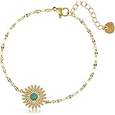 Made by Nami Sunflower Bracelet for Women 18K Gold Plated Adjustable Chain with Turquoise Stone Dainty Gold Charm Jewelry Minimalist Boho Bracelet Gift