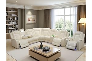 Toseslo Power Recliner Sectional Sofa Set, Living Room Furniture Sets, Leather Reclining Corner Couches and Chair, 2 Recliner Chair with Cup Holder/Storage Console for Apartment/House(Creamy White)
