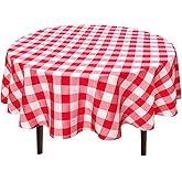 Hiasan Checkered Round Tablecloth 60 Inch - Waterproof Stain and Wrinkle Resistant Washable Fabric Table Cloth for Holiday Day, Dining Room, Outdoor Picnic, Red and White Gingham Pattern