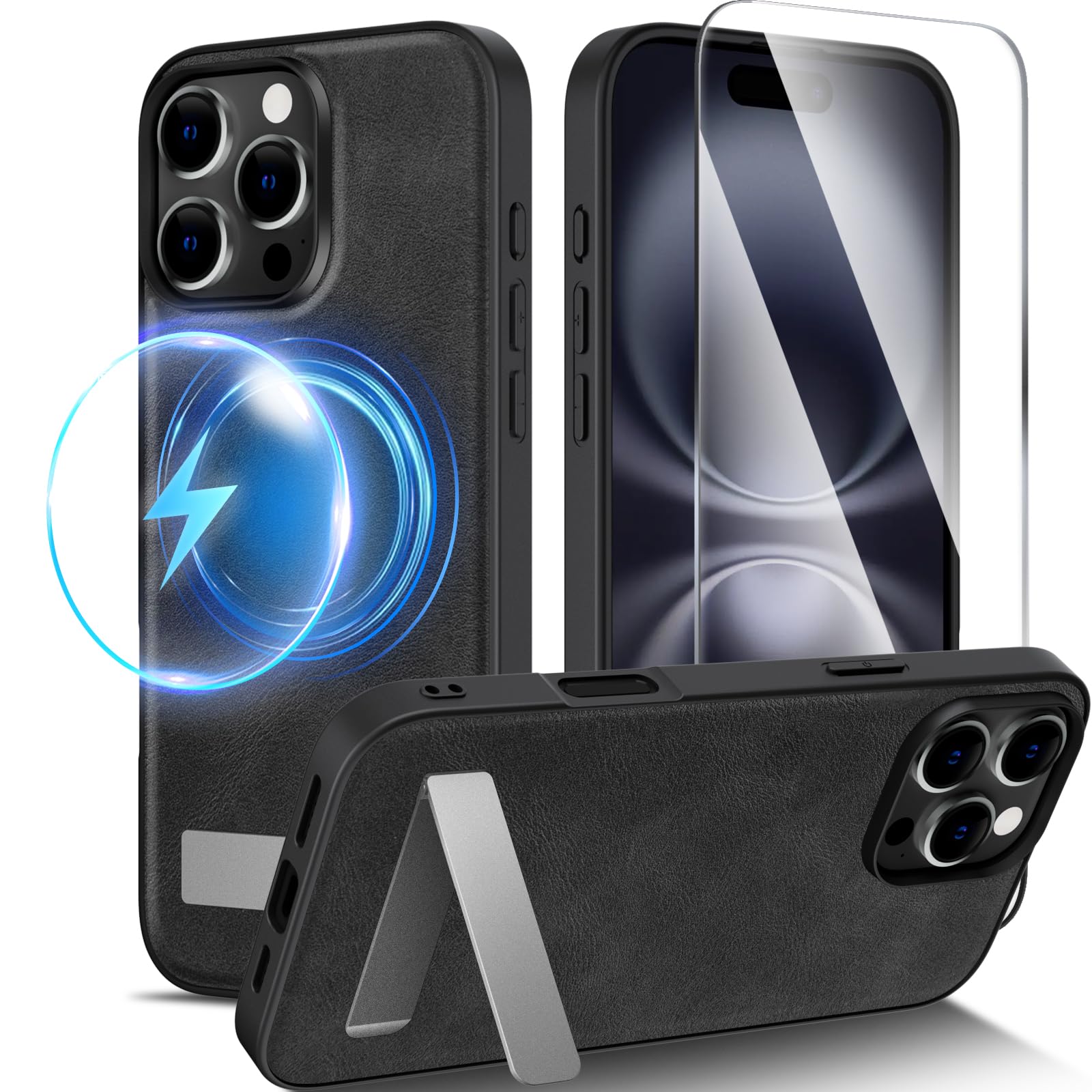 X-level for iPhone 16 Pro Case for Magsafe, PU Leather Case with Screen Protector, Adjustable Stand, Shockproof Anti-Slip Anti-Fingerprint Magnetic Phone Case for iPhone 16 Pro, Black