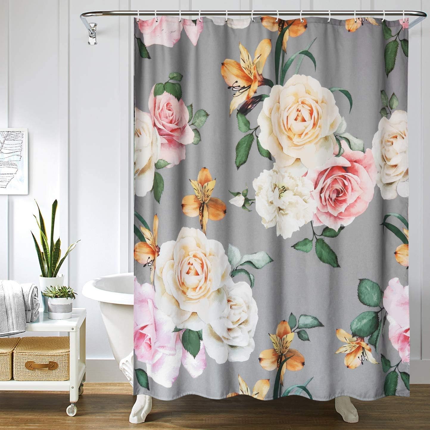 Uphome Fabric Floral Stall Shower Curtain for Bathroom Long